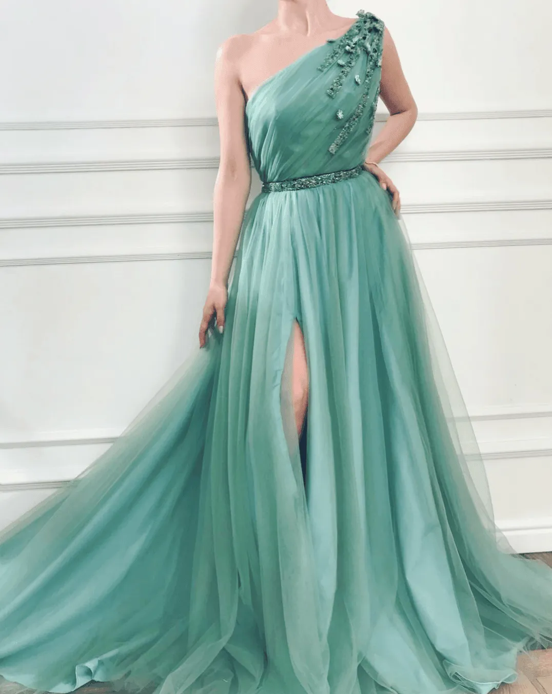 A-line One Shoulder Jungle Tulle Prom/Formal Dresses With Beading  PG955