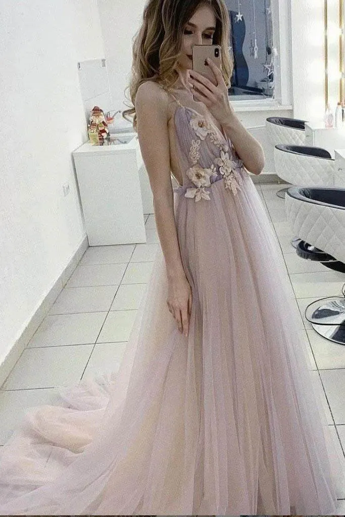 A-line V-neck 3D Flower Eleagnt Tulle Long Prom Dress PSK136