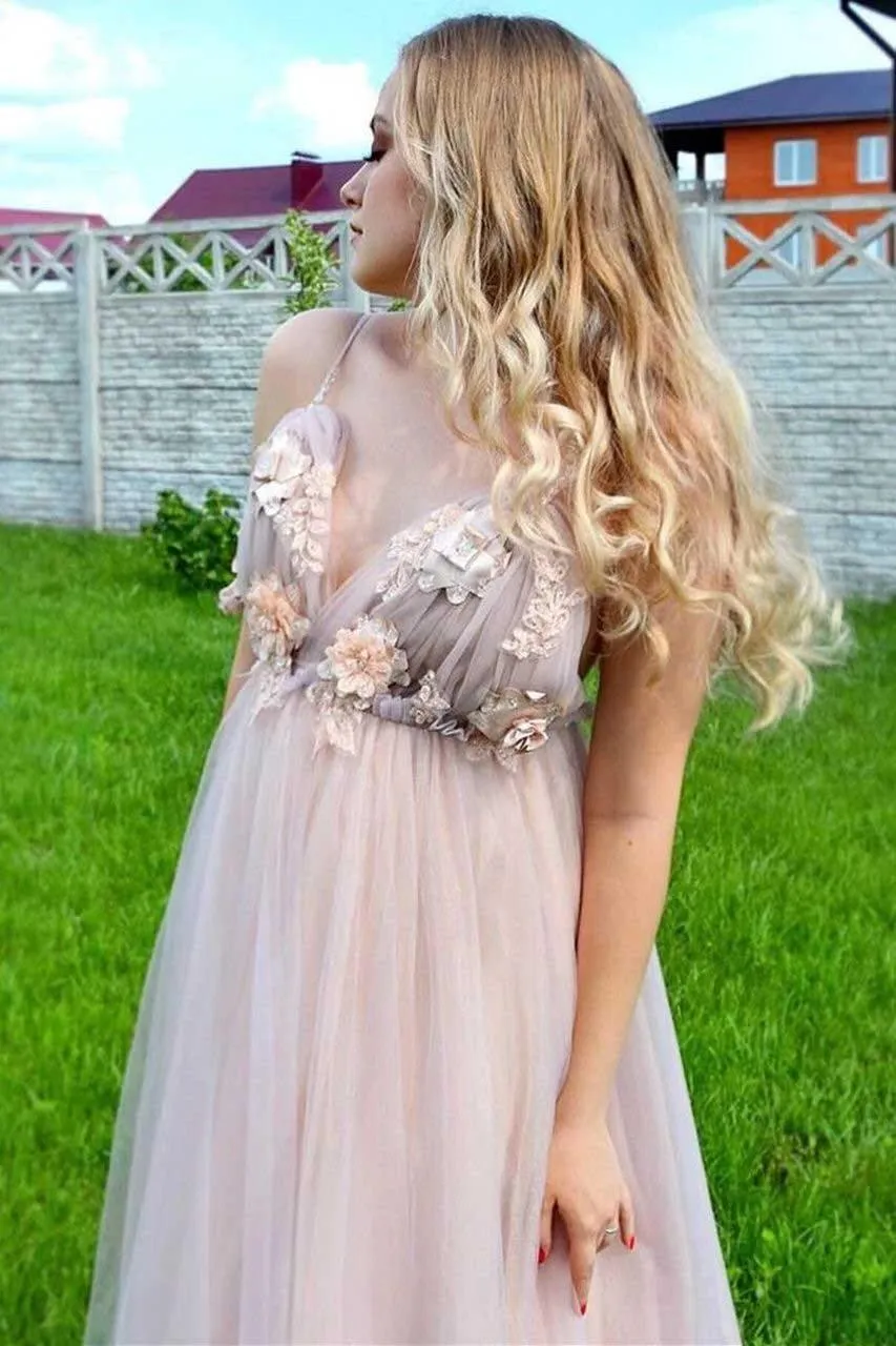 A-line V-neck 3D Flower Eleagnt Tulle Long Prom Dress PSK136