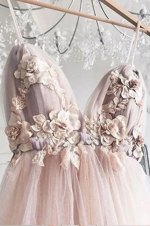 A-line V-neck 3D Flower Eleagnt Tulle Long Prom Dress PSK136