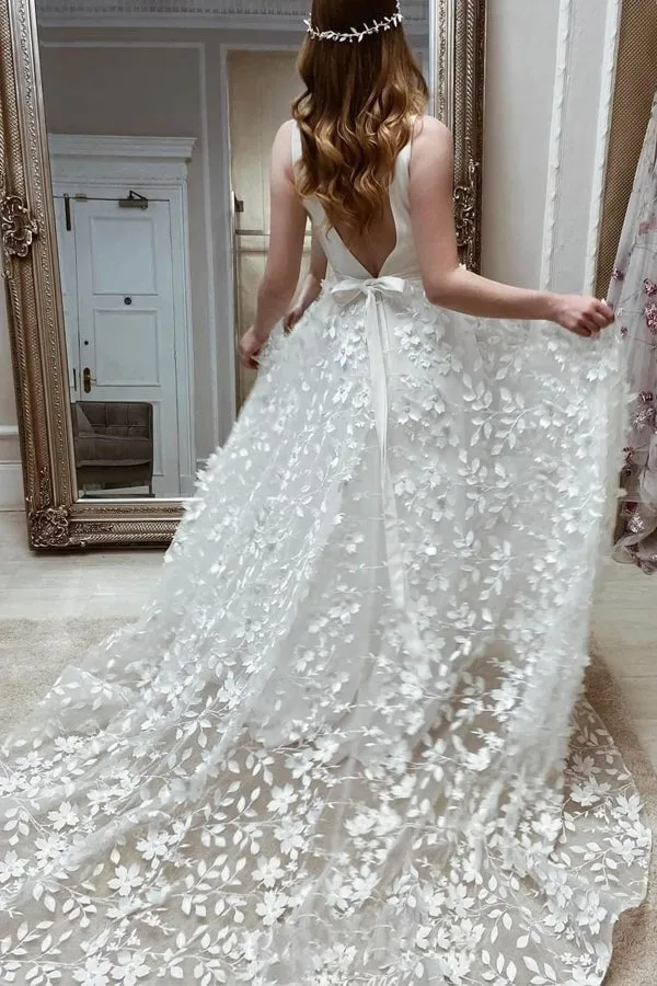 A-line V Neck Elegant Floral Lace Wedding Dresses WD697