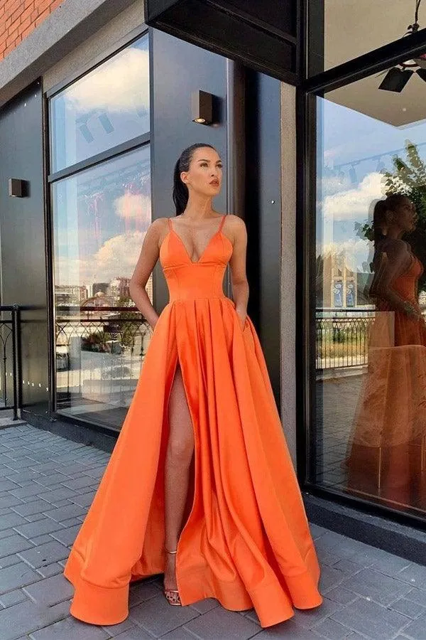 A Line V Neck Gray Red Pink Satin Split Prom/Formal Dresses  PSK045