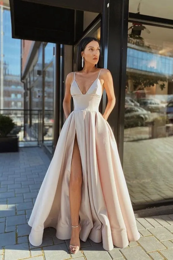 A Line V Neck Gray Red Pink Satin Split Prom/Formal Dresses  PSK045