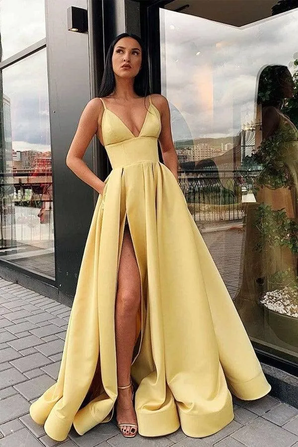 A Line V Neck Gray Red Pink Satin Split Prom/Formal Dresses  PSK045
