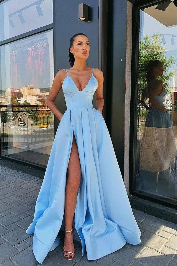 A Line V Neck Gray Red Pink Satin Split Prom/Formal Dresses  PSK045