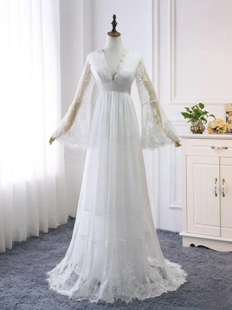 A-line V neck Long Sleeve Wedding Dress Rustic Boho Wedding Dress WD516
