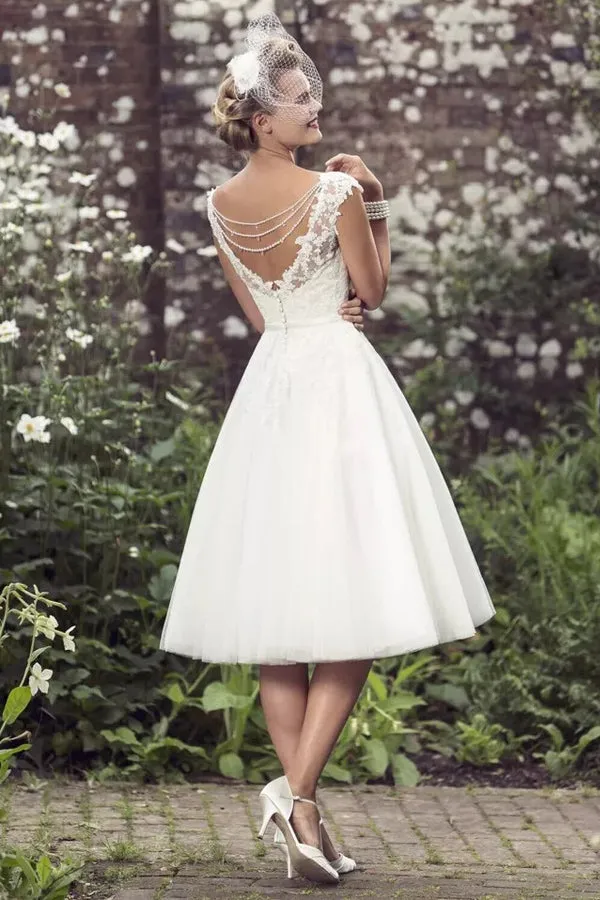 A-Line Wedding Dress Tea Length Lace Short Bridal Gown WD747