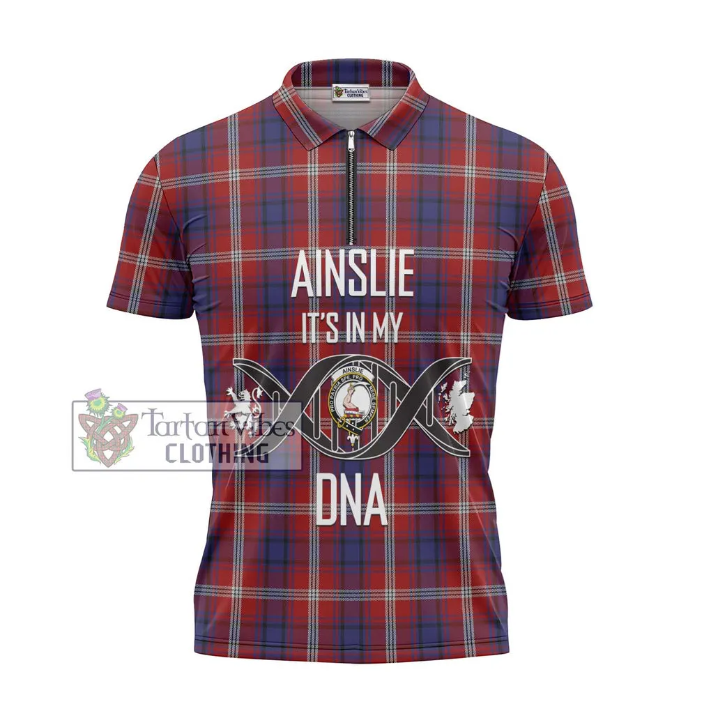 Ainslie Tartan Zipper Polo Shirt with Family Crest DNA In Me Style