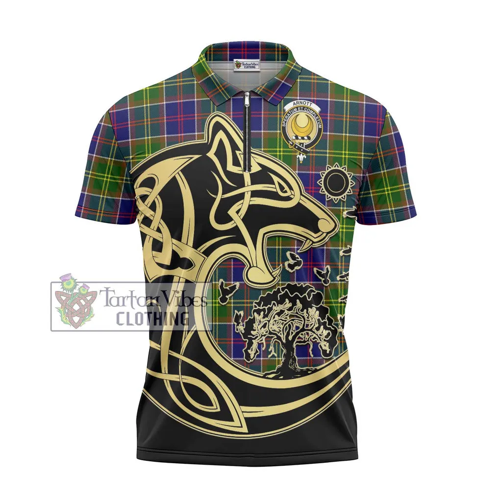 Arnott Tartan Zipper Polo Shirt with Family Crest Celtic Wolf Style