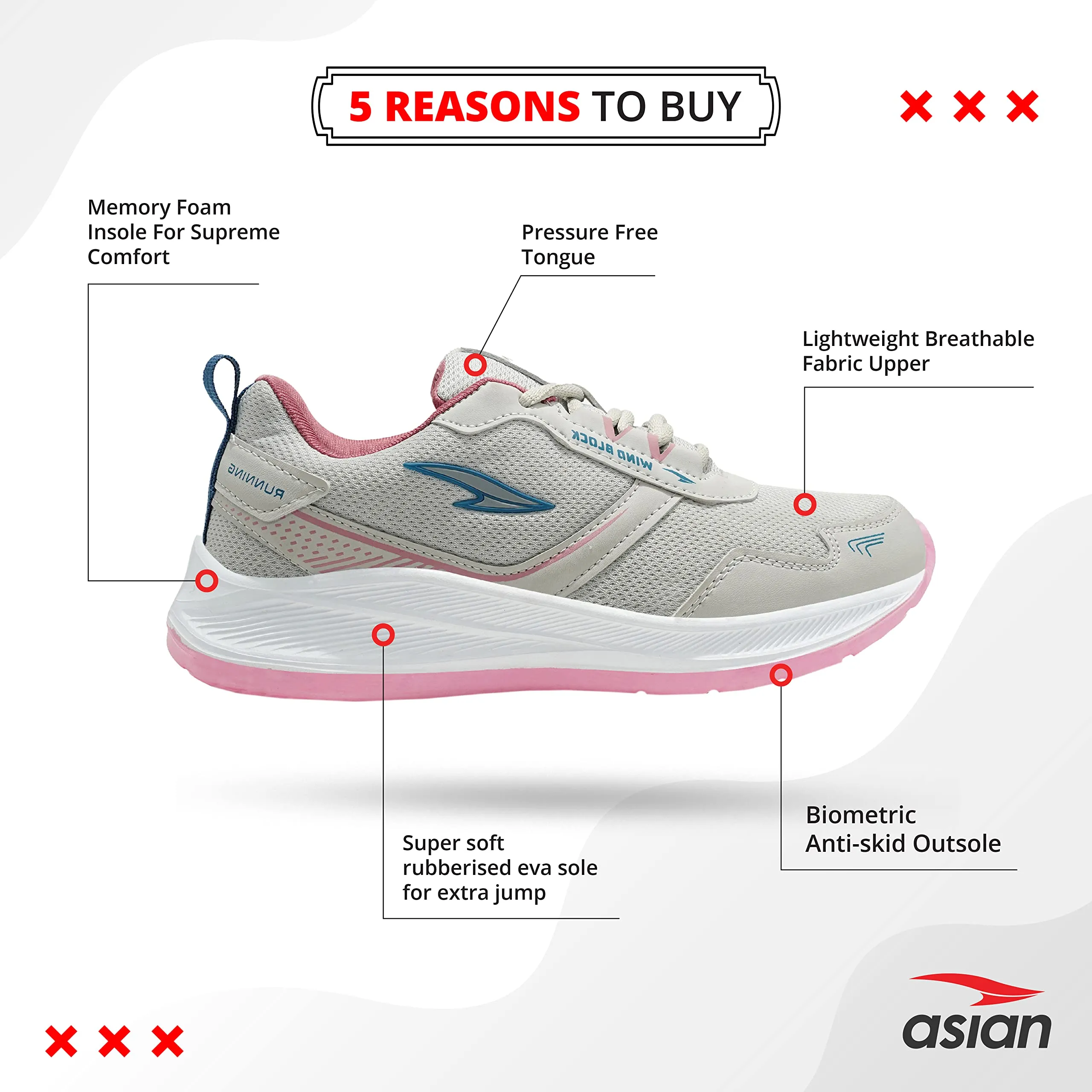 ASIAN Women's Cute Sports Running Shoes,Walking, Gym Casual Sneaker Lace-Up Shoes For Girl's Light Grey Pink 6 UK