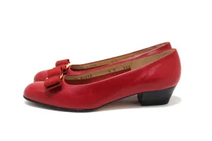 Authentic Salvatore Ferragamo Calfskin Red Leather Kitten Heel with Bow Size 6B