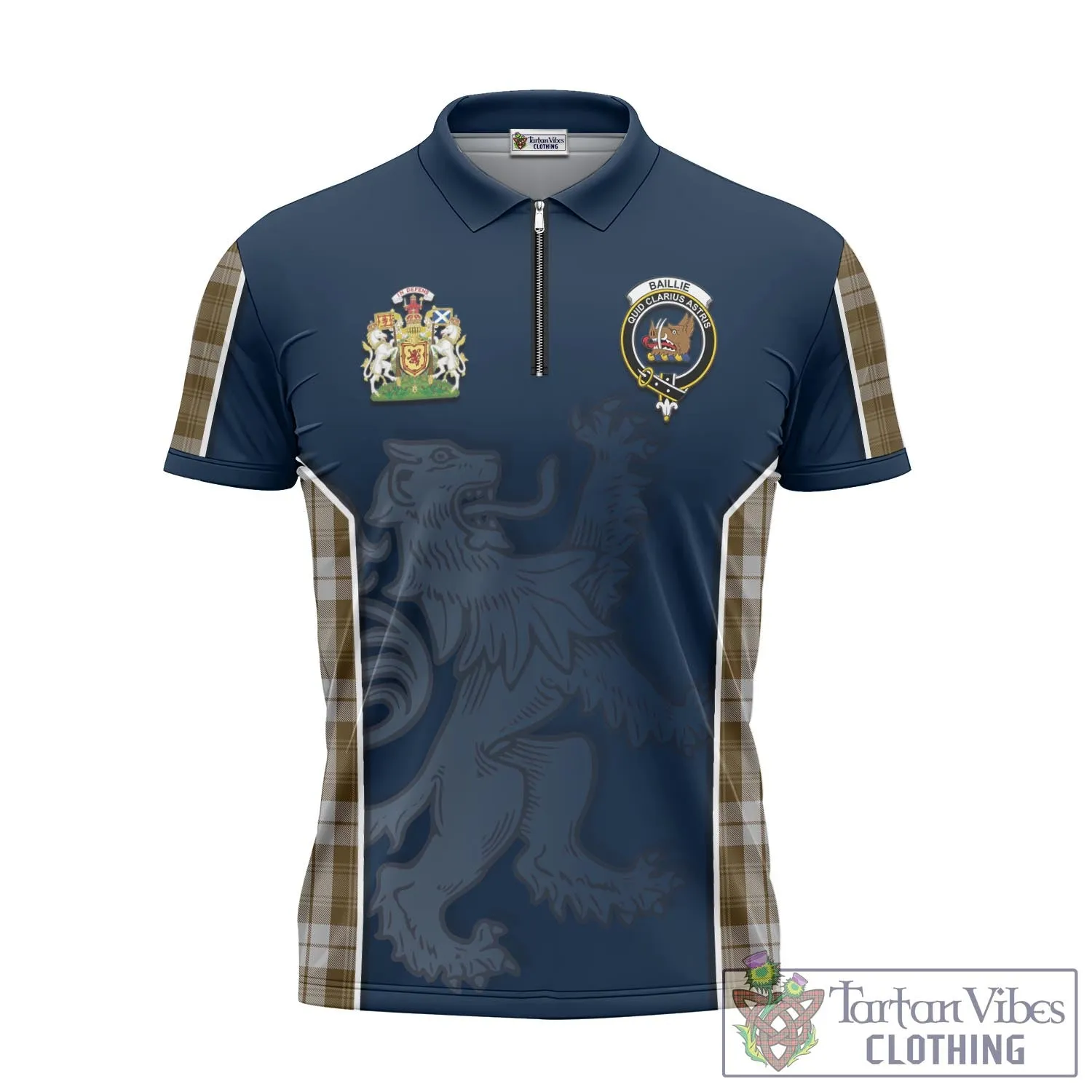 Baillie Dress Tartan Zipper Polo Shirt with Family Crest and Lion Rampant Vibes Sport Style