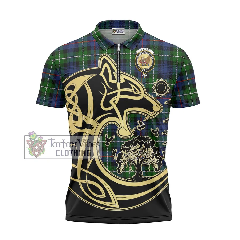 Baillie Tartan Zipper Polo Shirt with Family Crest Celtic Wolf Style
