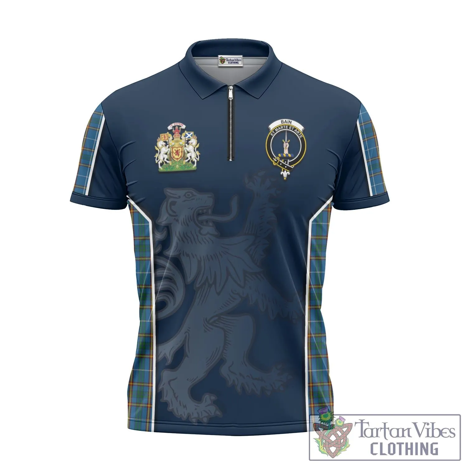 Bain Tartan Zipper Polo Shirt with Family Crest and Lion Rampant Vibes Sport Style