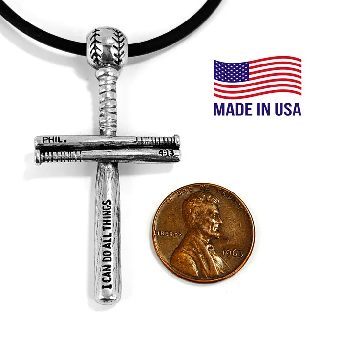 Baseball Bat And Ball Cross Necklace Silver on Black Cord
