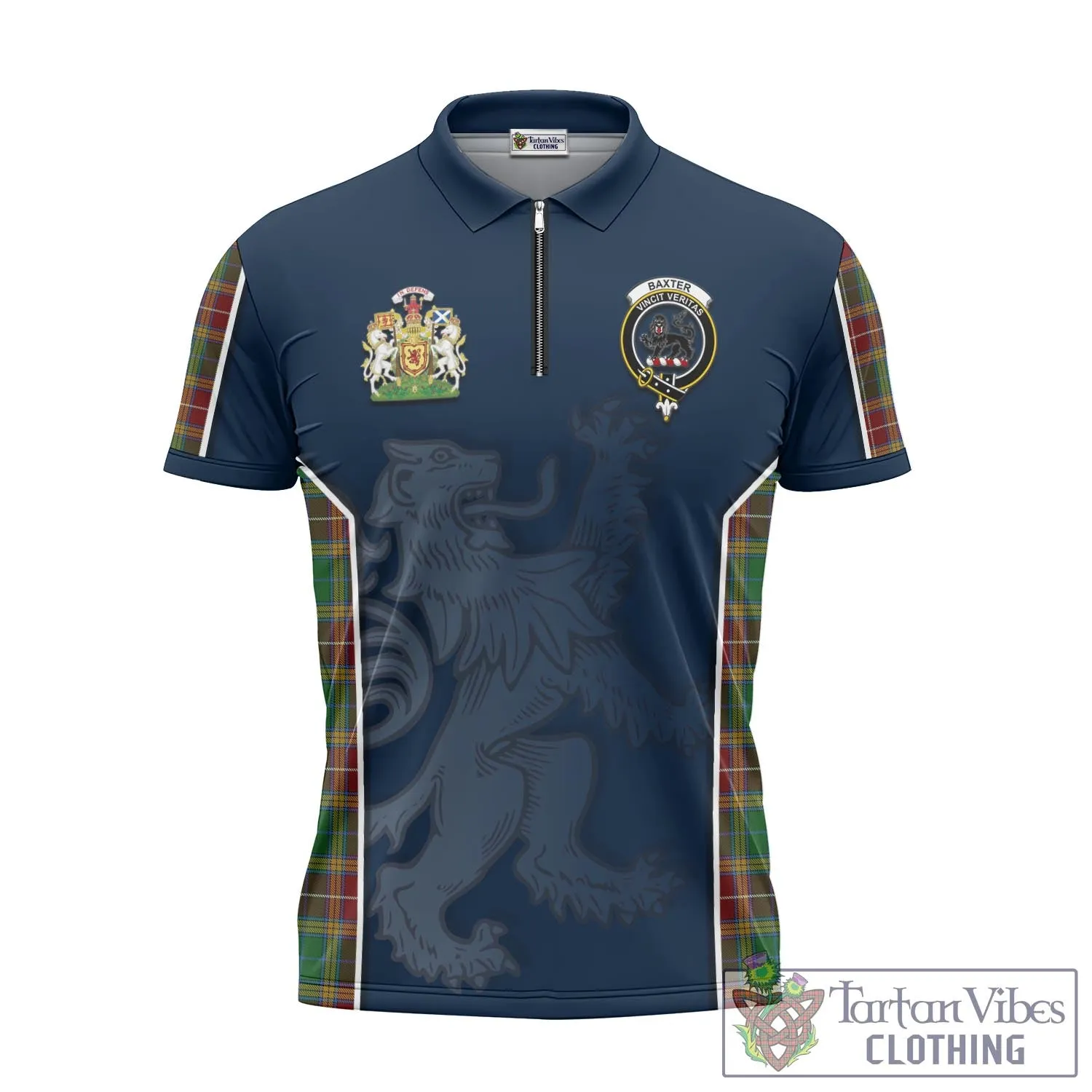 Baxter Tartan Zipper Polo Shirt with Family Crest and Lion Rampant Vibes Sport Style
