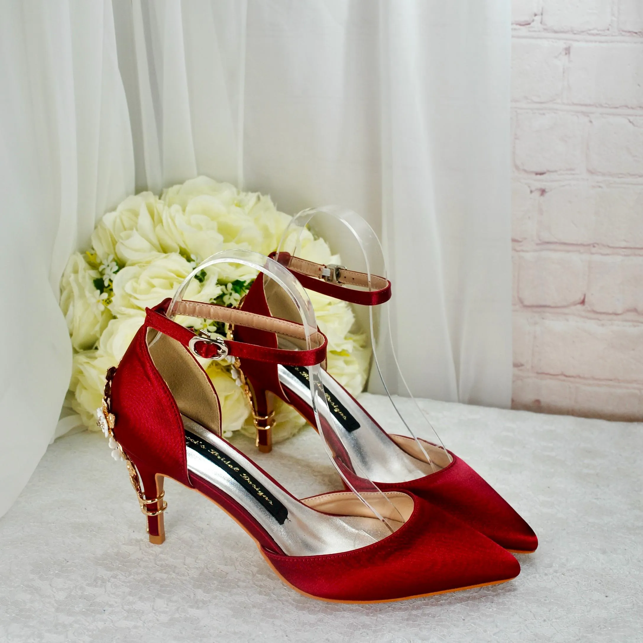 Burgundy Satin Low Heel Bridal Sandals with Cherry Blossom