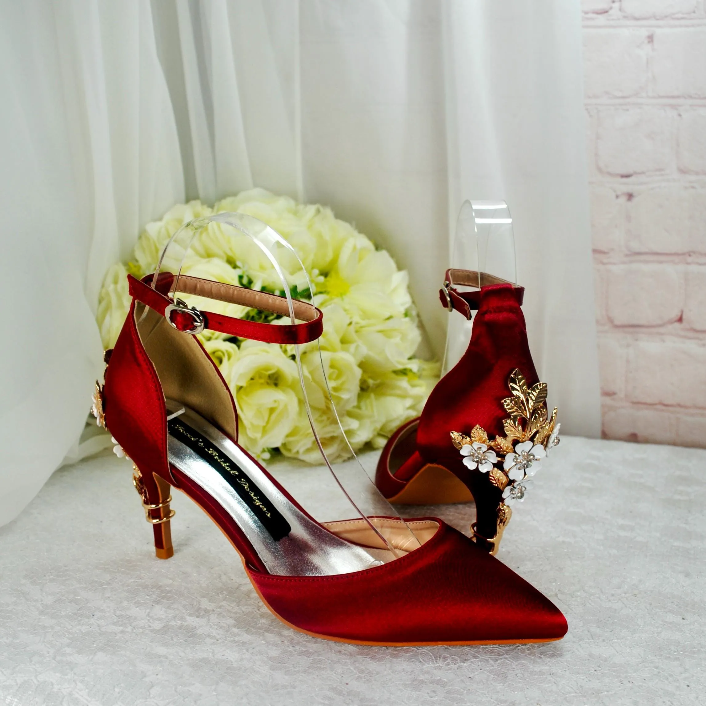 Burgundy Satin Low Heel Bridal Sandals with Cherry Blossom