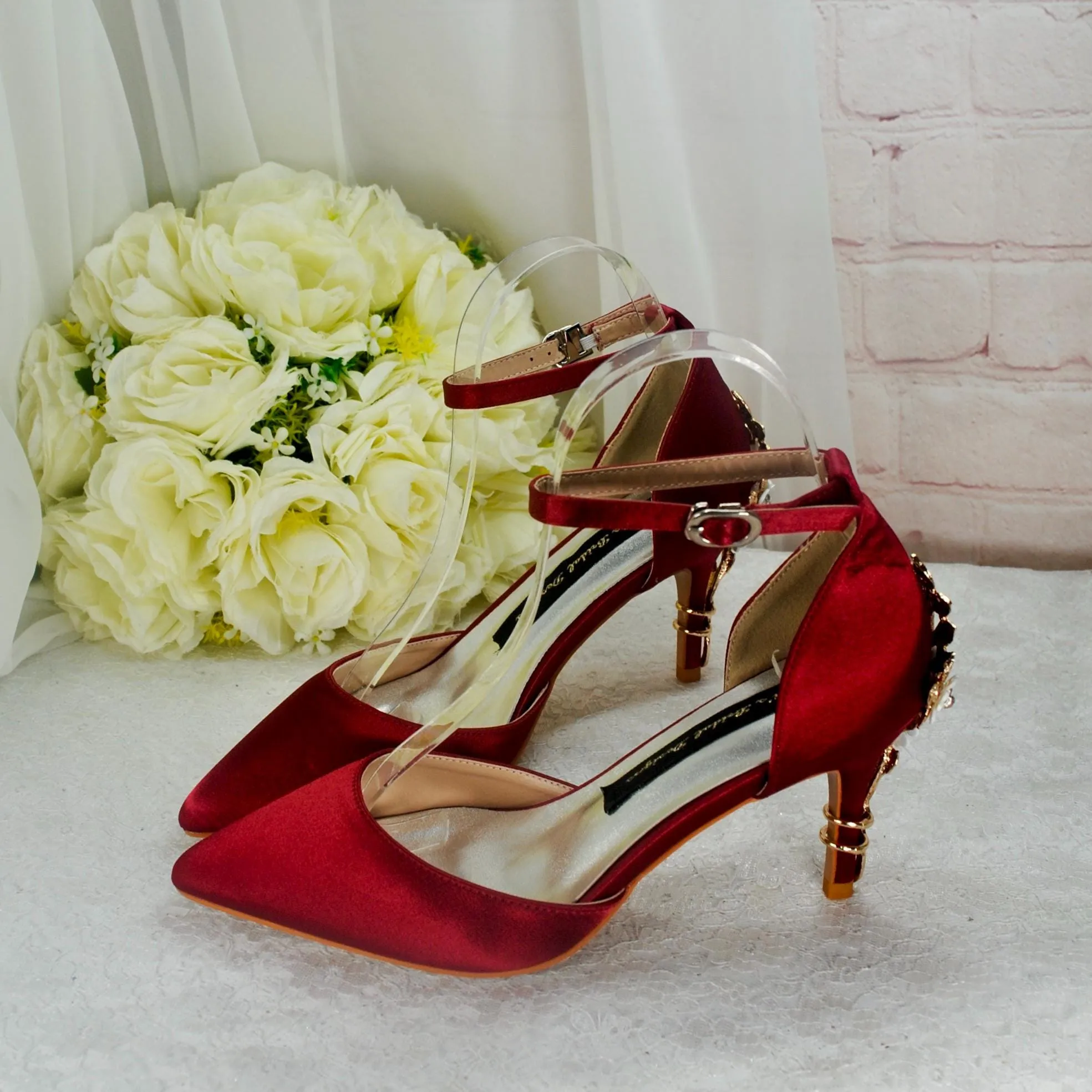 Burgundy Satin Low Heel Bridal Sandals with Cherry Blossom