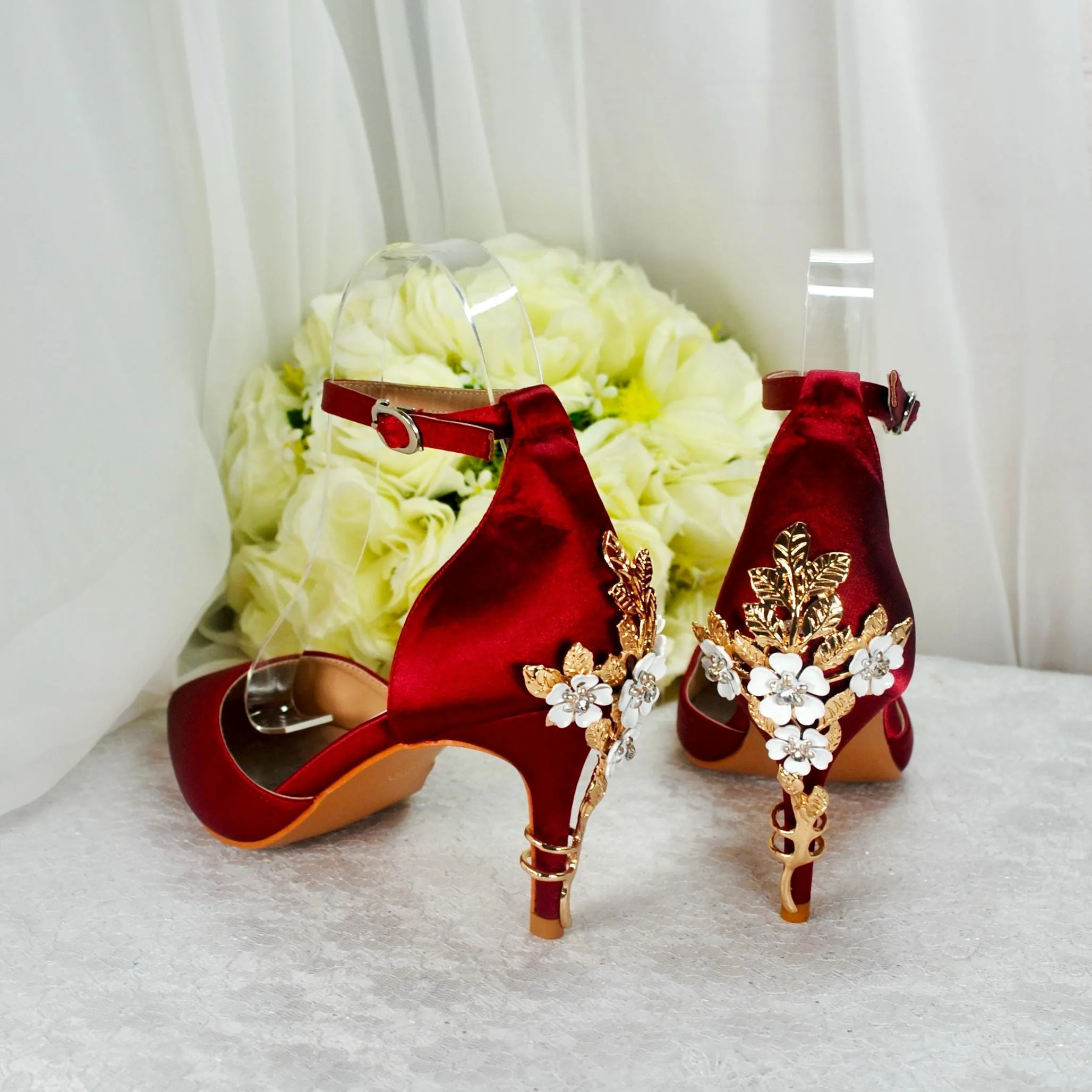 Burgundy Satin Low Heel Bridal Sandals with Cherry Blossom