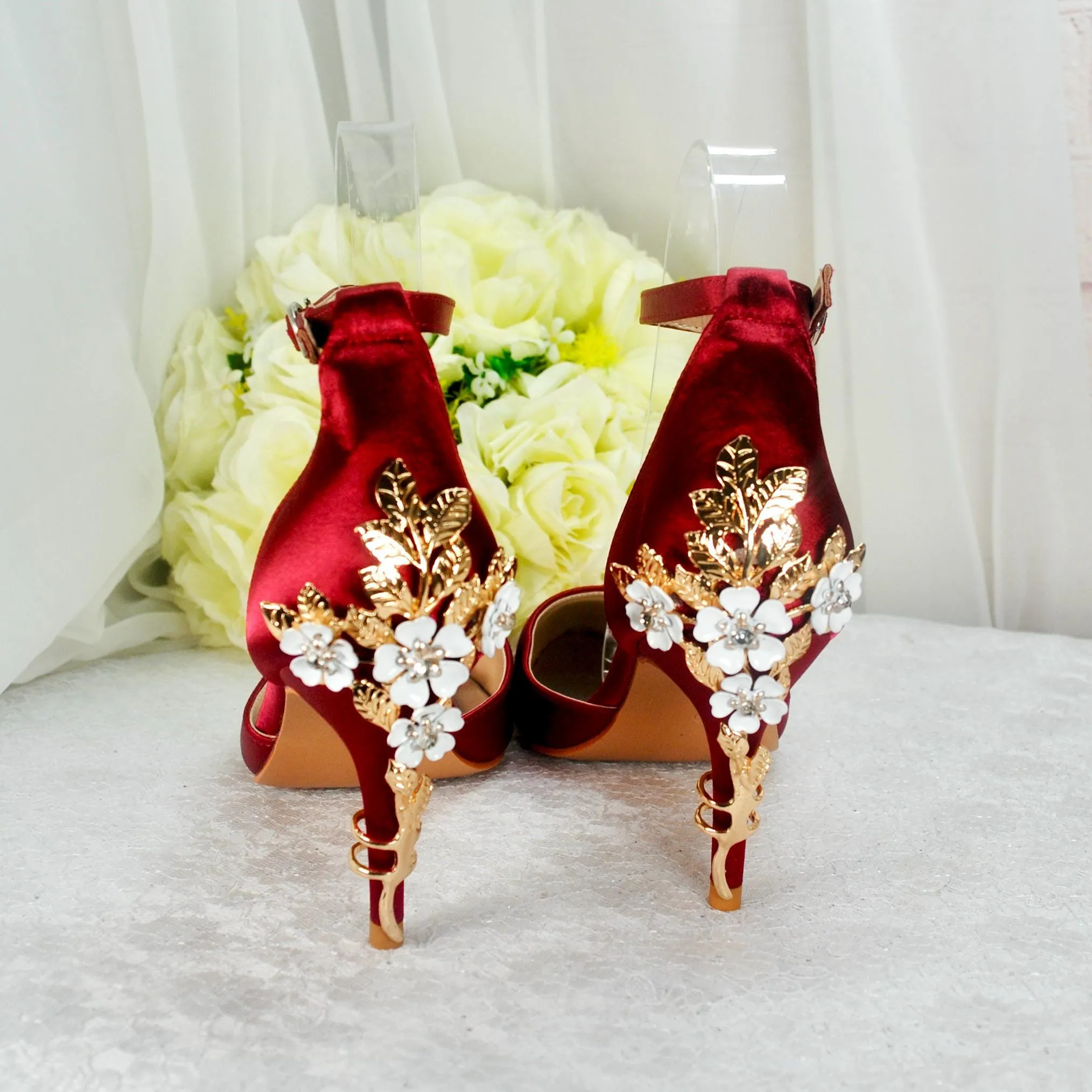 Burgundy Satin Low Heel Bridal Sandals with Cherry Blossom