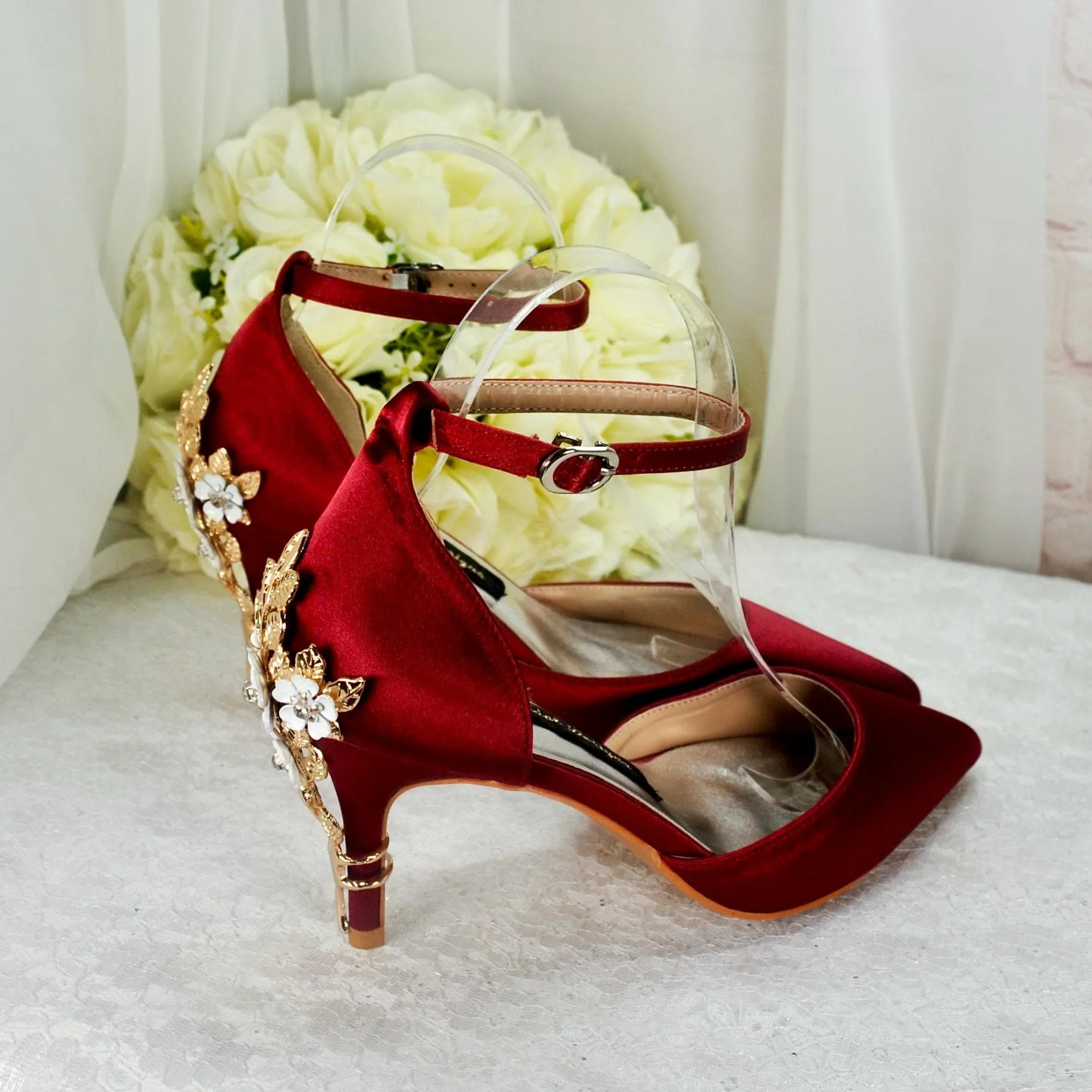 Burgundy Satin Low Heel Bridal Sandals with Cherry Blossom