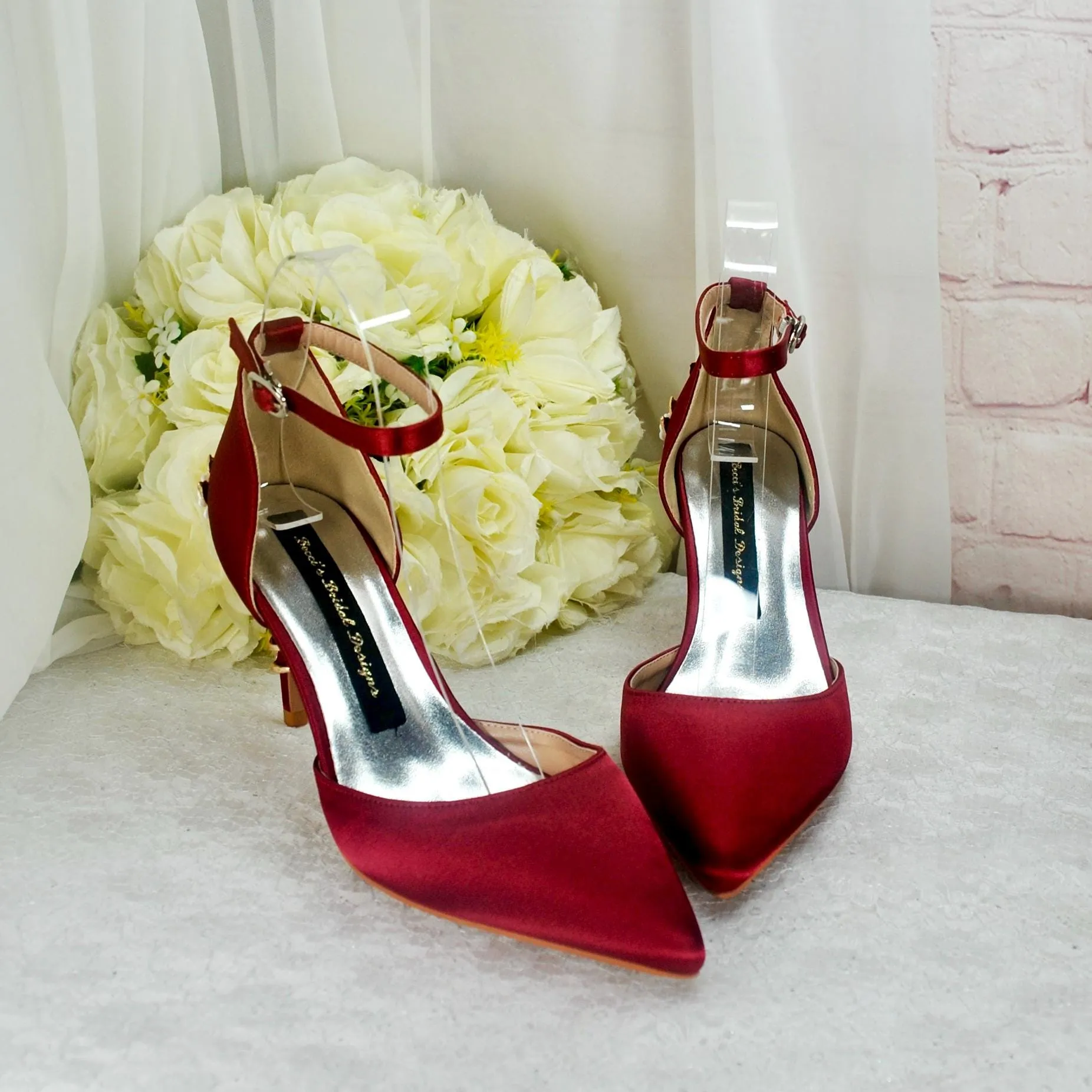 Burgundy Satin Low Heel Bridal Sandals with Cherry Blossom