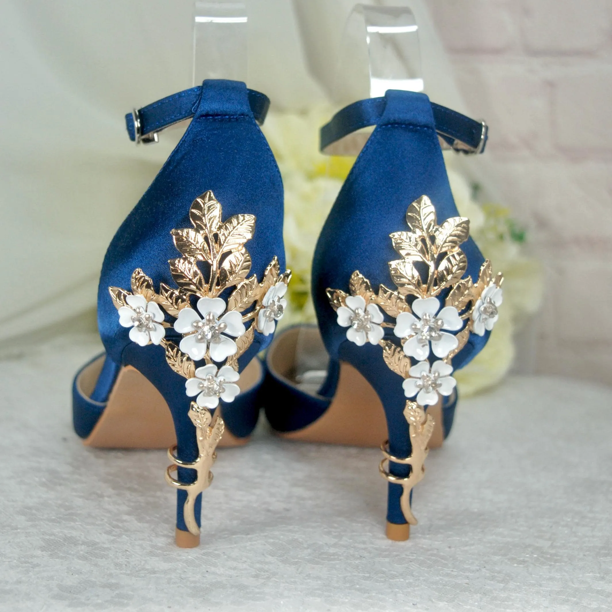 Burgundy Satin Low Heel Bridal Sandals with Cherry Blossom