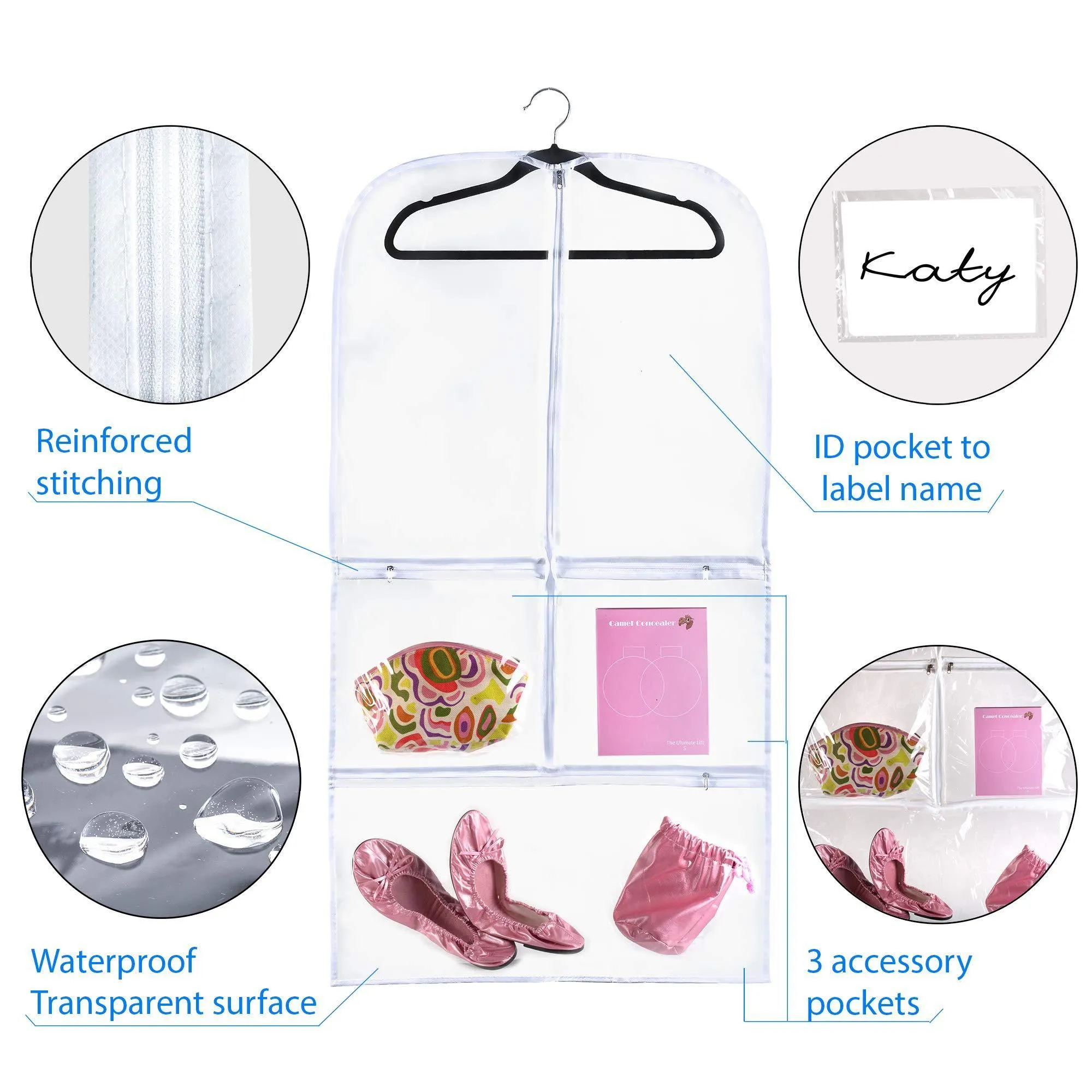 Clear Gusseted Suit Garment Bag 20 inch x 38 inch Dance, Dress, and Costumes Hanging Travel Storage for Clothes, Shoes, and Accessories Water-Resistant Organizer