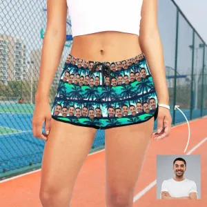 Custom Husband Face Coconut Tree Beach Board Shorts Swim Trunks Personalized Women's Casual Yoga Shorts