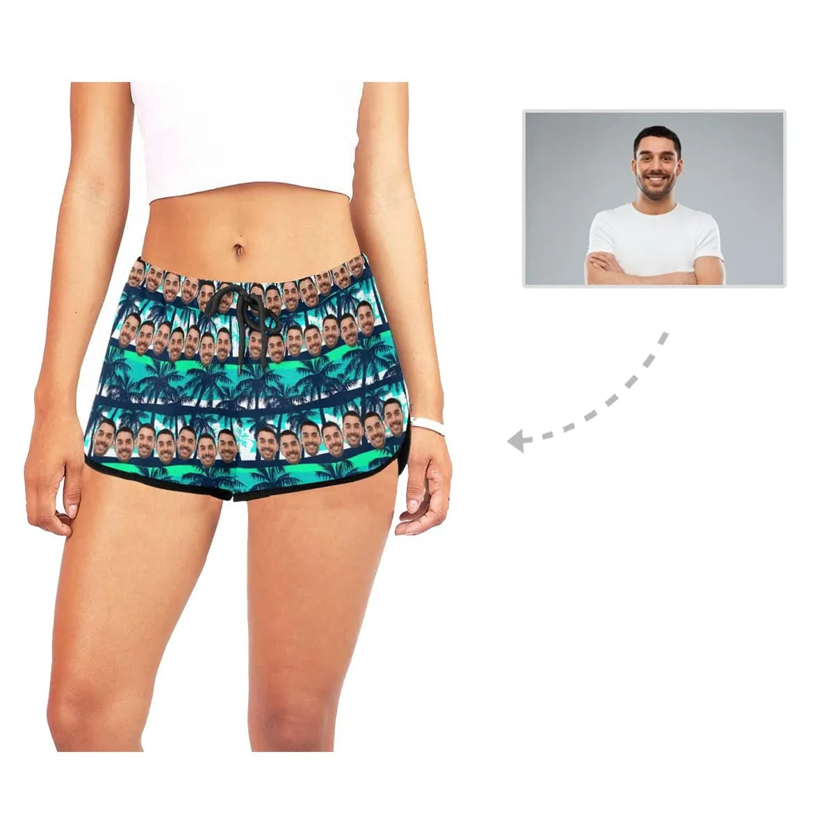 Custom Husband Face Coconut Tree Beach Board Shorts Swim Trunks Personalized Women's Casual Yoga Shorts