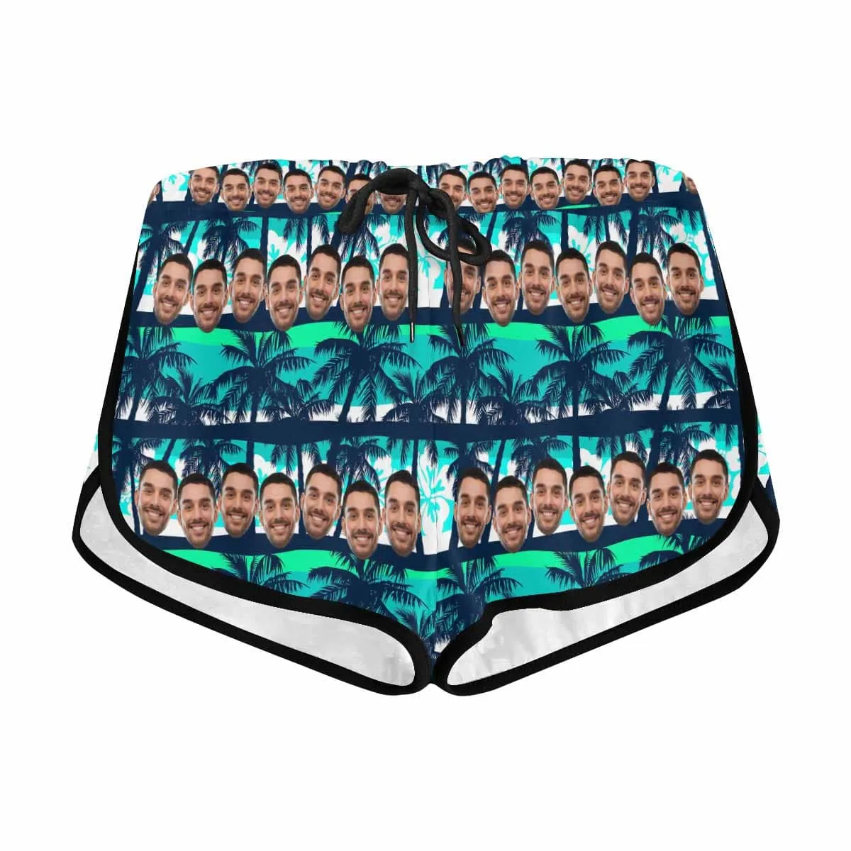 Custom Husband Face Coconut Tree Beach Board Shorts Swim Trunks Personalized Women's Casual Yoga Shorts
