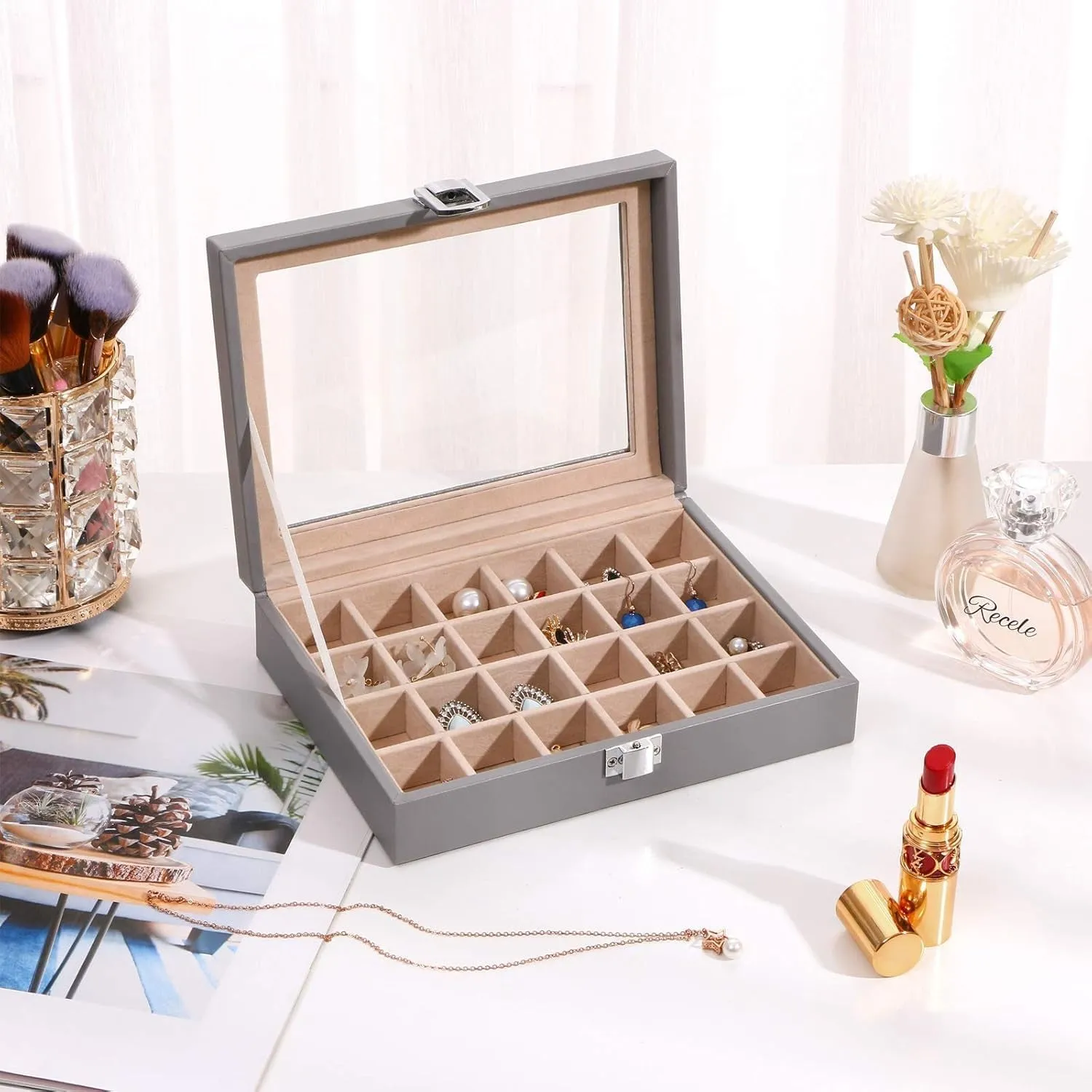 Earring Jewelry Box 24 Slots Earring Holder Organizer for Girls Women Gifts Jewelry Box for Earrings Display Storage Case with Clear Glass Top Grey SSH17H