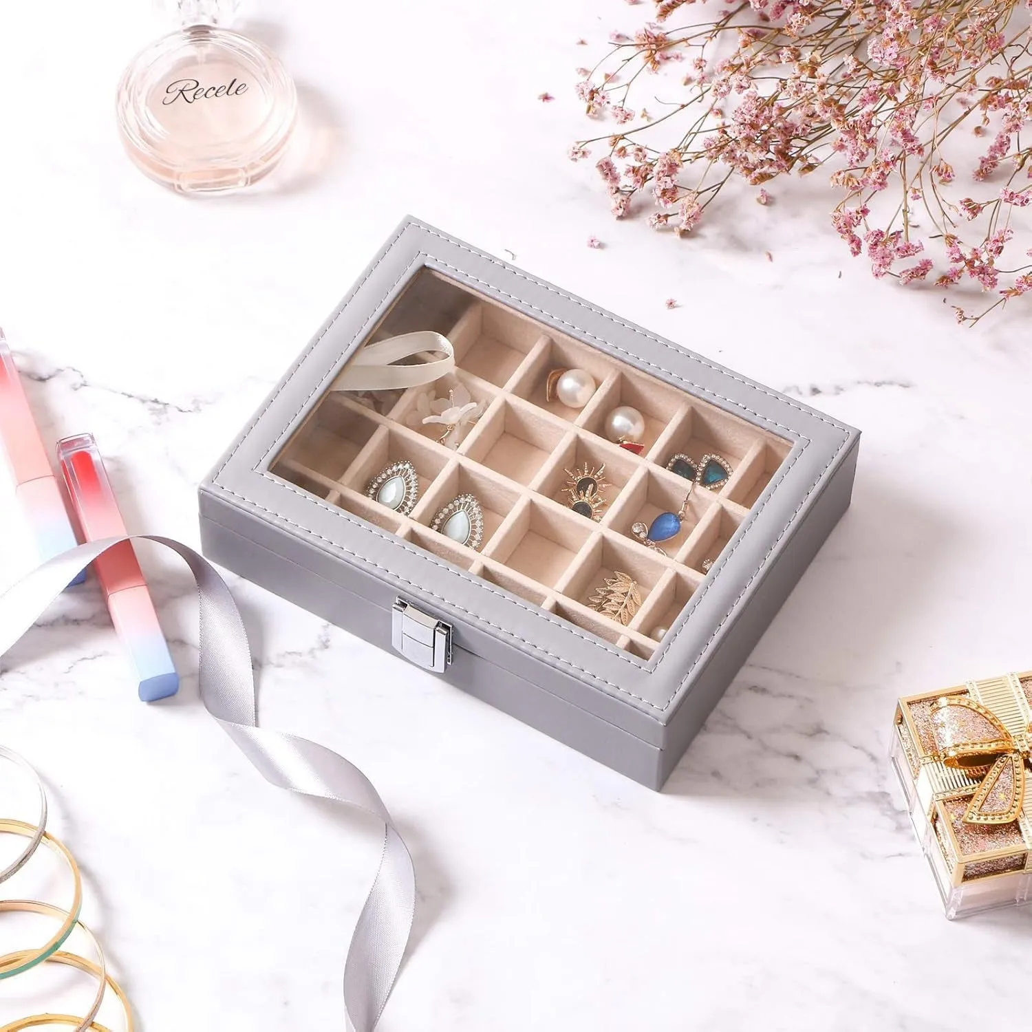 Earring Jewelry Box 24 Slots Earring Holder Organizer for Girls Women Gifts Jewelry Box for Earrings Display Storage Case with Clear Glass Top Grey SSH17H
