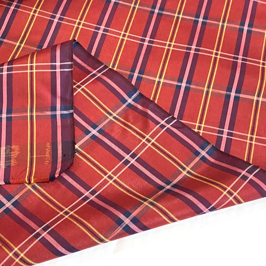 Getting Low, Reddish Yarn Dyed 'Plaid' Vintage Kimono Silk from Japan By the Yard,  #102