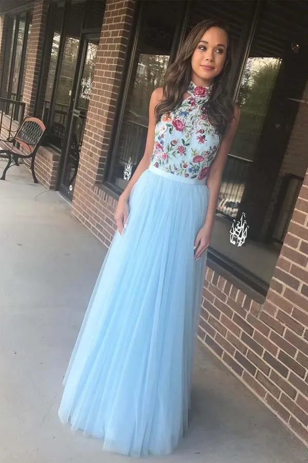 High Neck Tulle Sky Blue Long Prom/Formal Dress with Embroidery PG860