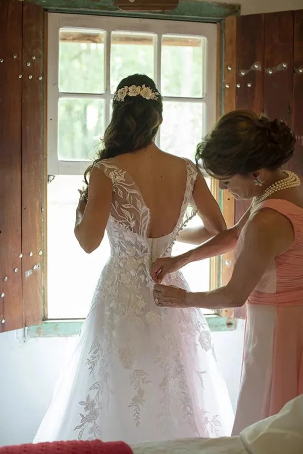 Illustion Scoop Neck White Floral Lace Wedding Dress Floor Length WD622