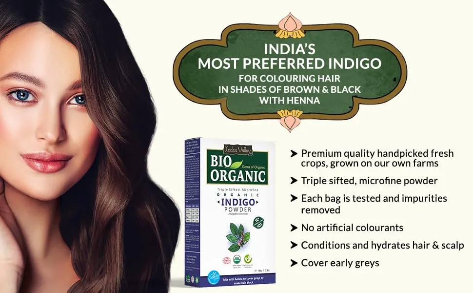 Indus Valley Bio Organic 100% Organic & Herbal Indigo Powder for Natural Hair Coloring, Protects hair from Damage - 100 gm