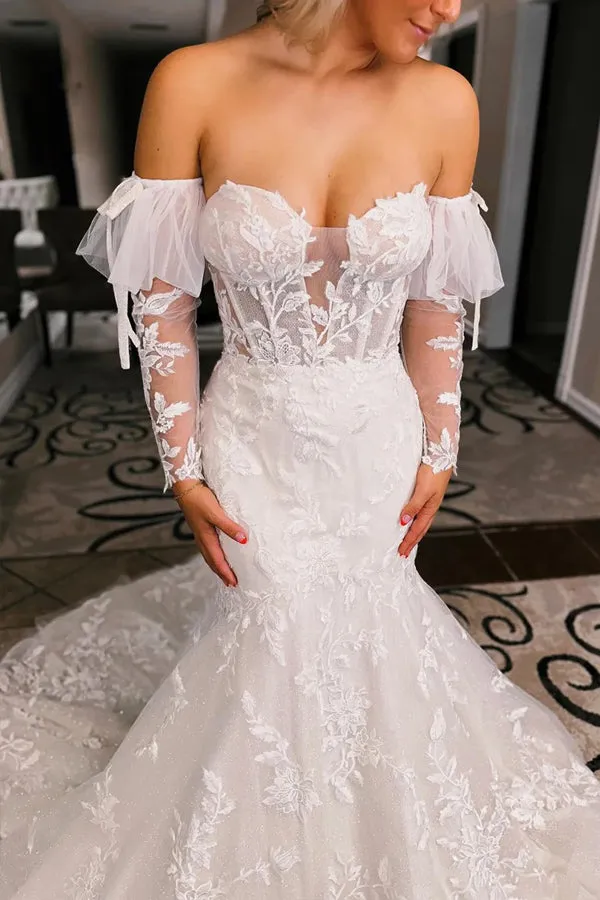 Ivory Floral Trumpet Wedding Dress with Detachable Sleeves WD723