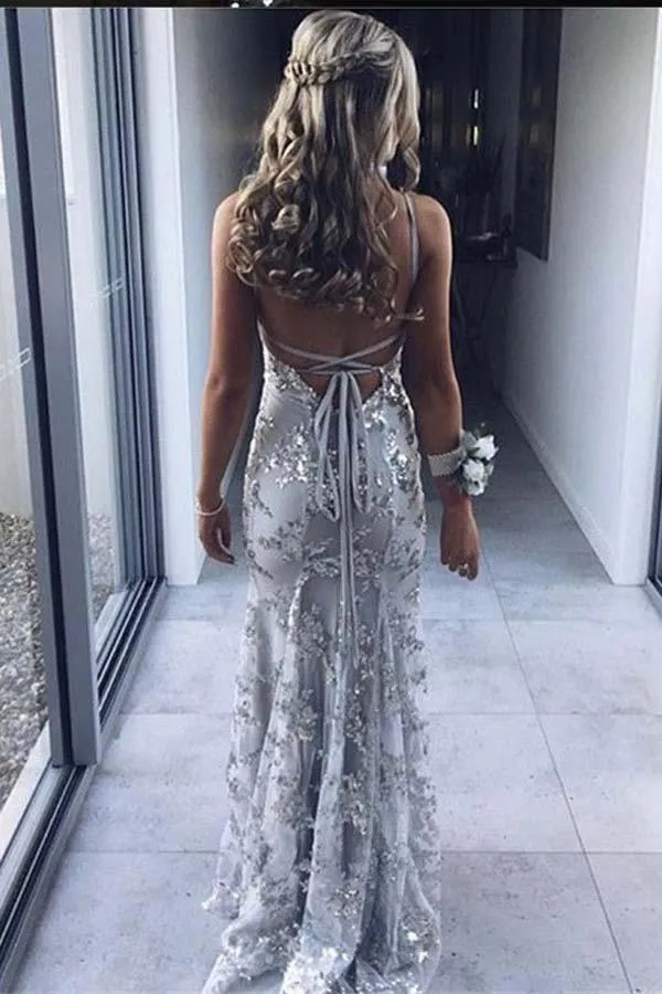 Mermaid Deep V-Neck Sweep Train Grey Tulle Prom Dress PG495