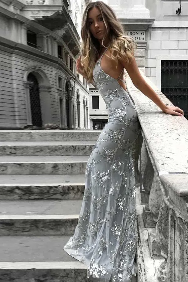 Mermaid Deep V-Neck Sweep Train Grey Tulle Prom Dress PG495