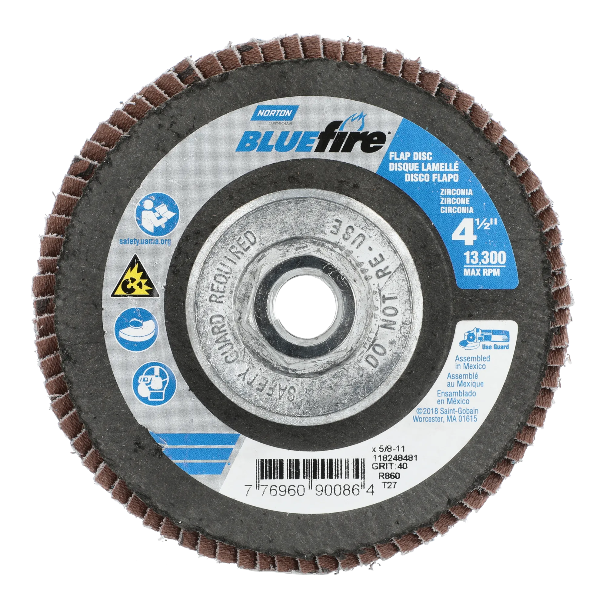 Norton 4-1/2 x 5/8 - 11 In. BlueFire Fiberglass HD Flat Flap Disc T27 P40 Grit R884P1 ZA 10 Count