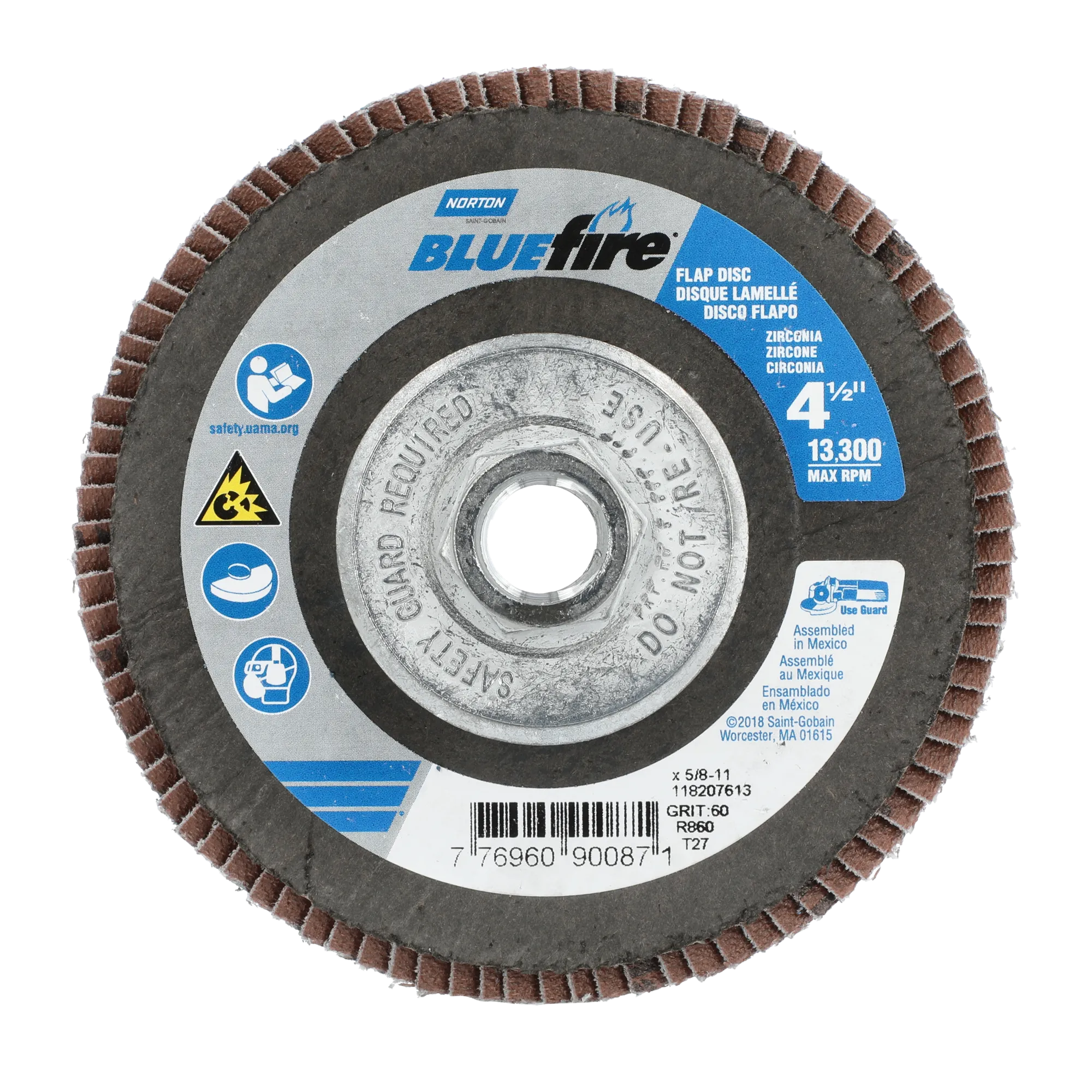 Norton 4-1/2 x 5/8 - 11 In. BlueFire Fiberglass HD Flat Flap Disc T27 P60 Grit R884P1 ZA 10 Count