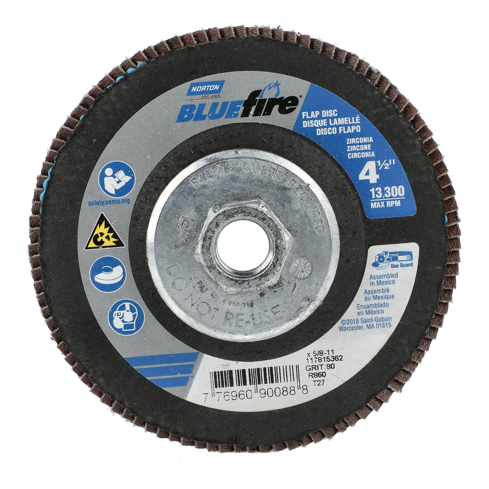 Norton 4-1/2 x 5/8 - 11 In. BlueFire Fiberglass HD Flat Flap Disc T27 P80 Grit R884P1 ZA 10 Count
