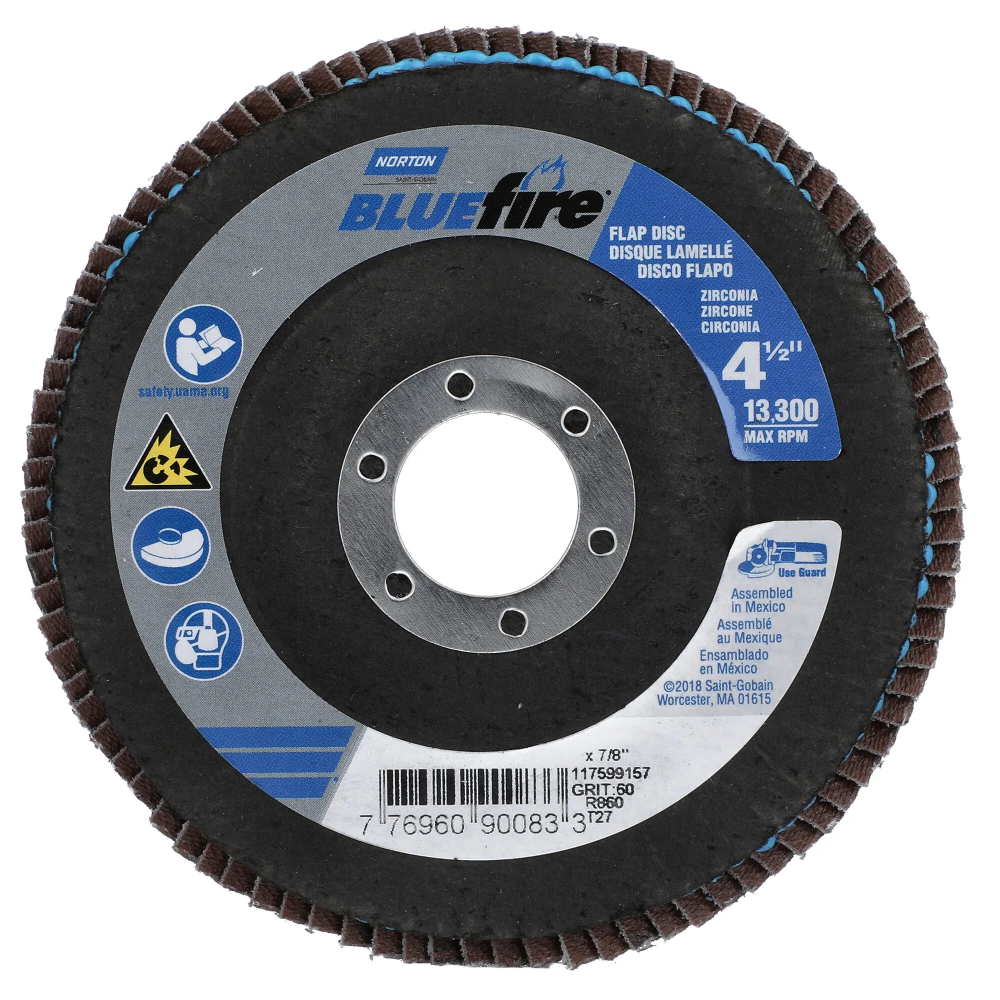 Norton 4-1/2 x 7/8 In. BlueFire Fiberglass HD Flat Flap Disc T27 P60 Grit R884P1 ZA 10 Count