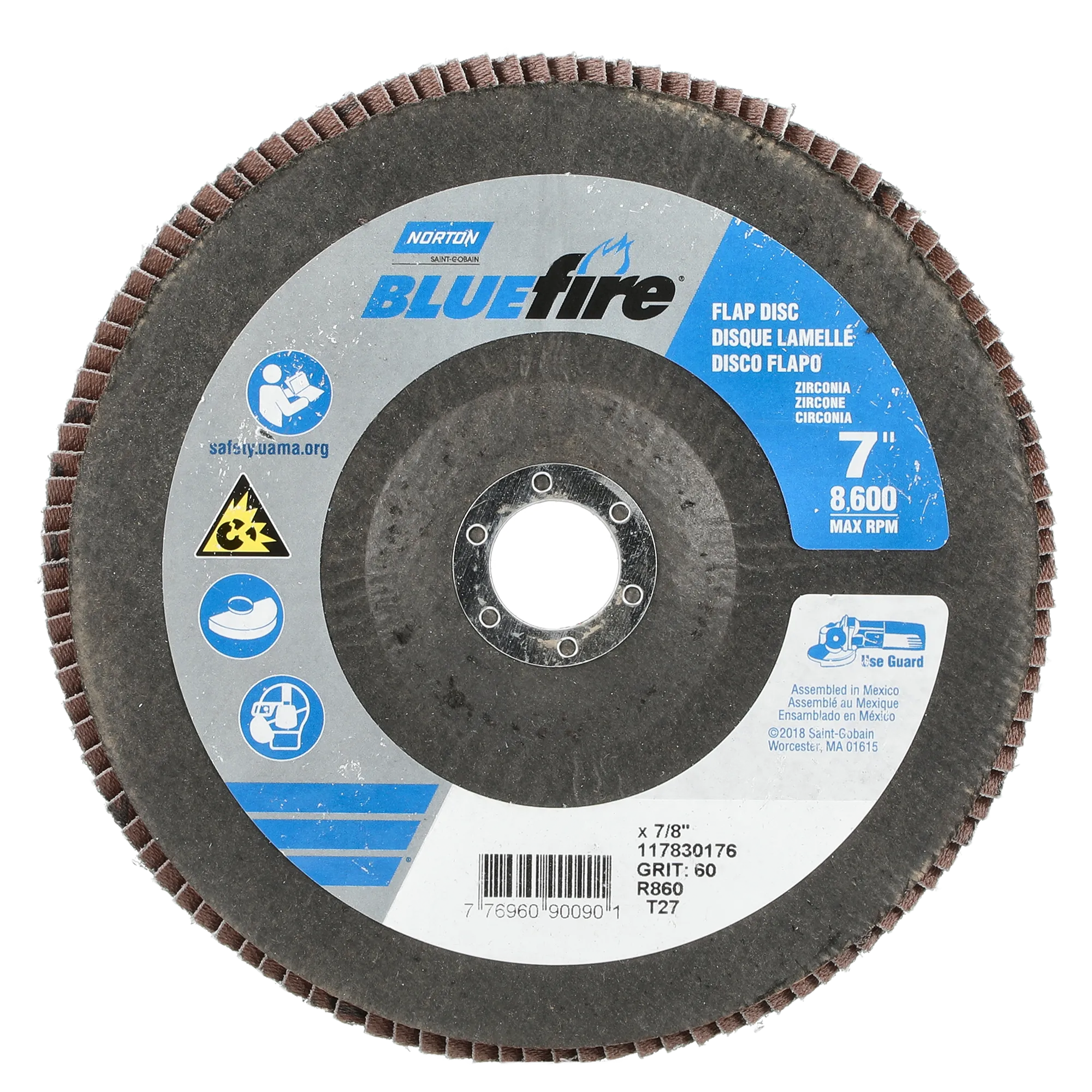 Norton 7 x 7/8 In. BlueFire Fiberglass HD Flat Flap Disc T27 P60 Grit R884P1 ZA 10 Count