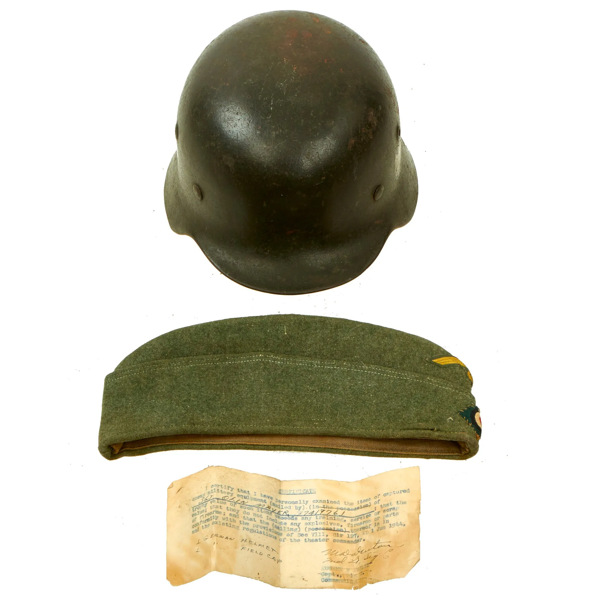 Original German WWII Documented USGI Bring Back Set - Army Heer M40 Single Decal Helmet & Kriegsmarine Coastal Artillery M38 Cap
