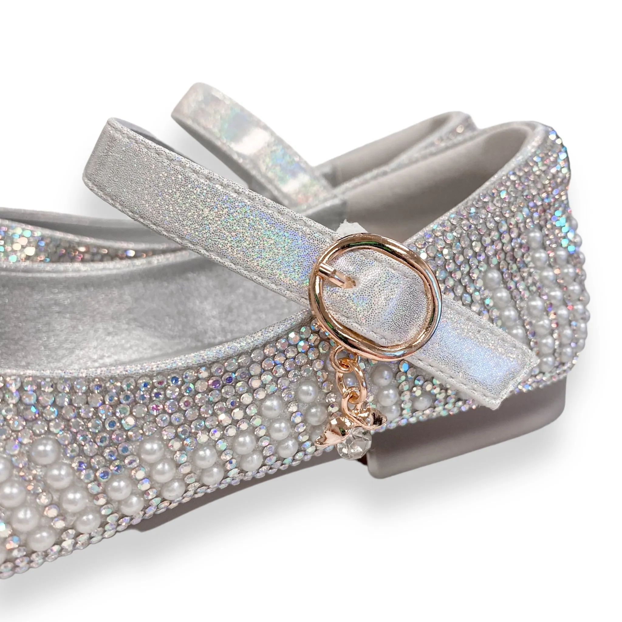 Pearl & Rhinestone Flat Shoes - Silver
