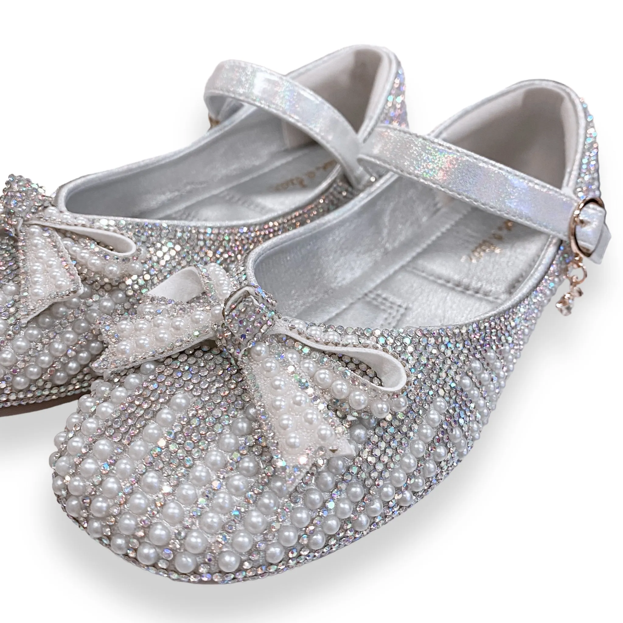 Pearl & Rhinestone Flat Shoes - Silver