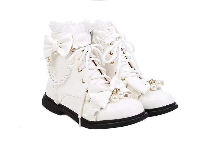 Sohiwoo Japanese Style Sweet Girl Kawaii Lolita Shoes Round Head Flat Bottom Lovely Ruffle Ruffle Pearl Shoelace Plush 2cm Short Boots